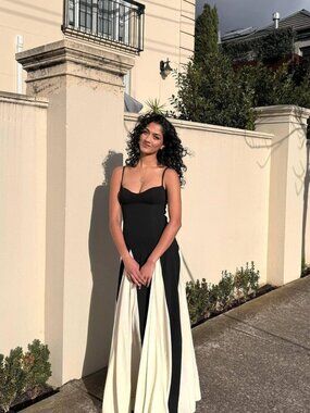 Black Cream Godet Maxi Dress Spaghetti Strap Cocktail Wedding Guest NWT M